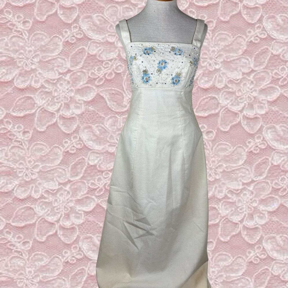 Vintage 60s 70s Beaded Floral Empire Waist Gown Wedding Prom Dress Union Made SM